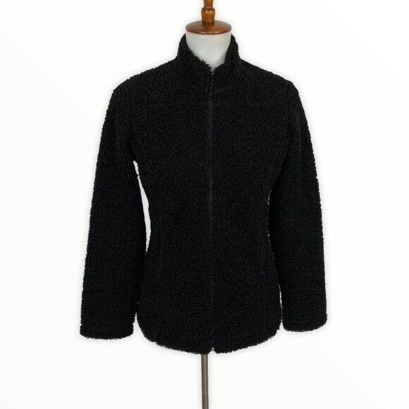 J Jill Black Sherpa Fleece Zip Up Jacket Coat XS Cozy Warm Winter Full Zip Layer - Picture 1 of 6